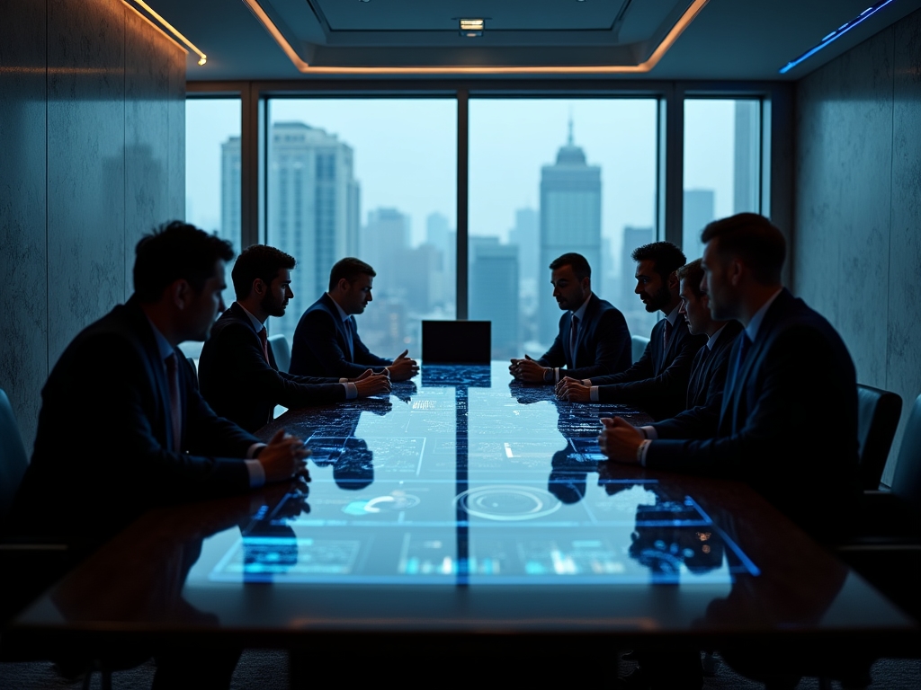 Strategic planning session in financial institution boardroom